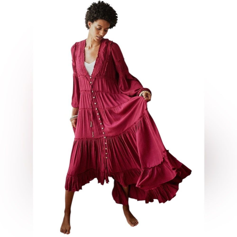 FREE PEOPLE Cassis Raspberry Tiered Boho Festival Midi Hi-Lo Raw Edge Dress Sml